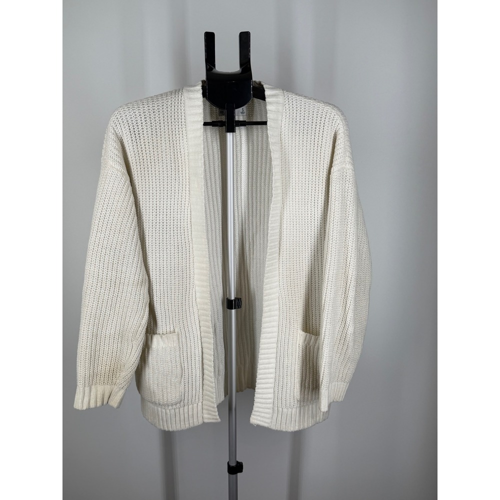 Hollister Cream White Shaker Stitch Open Front Cardigan Sweater Pockets Small